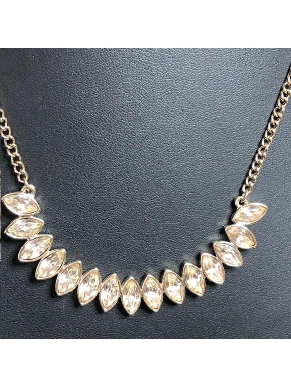 B2411 LOFT Marquise Crystal Bib Necklace Gold Tone Curb Chain Statement 18"